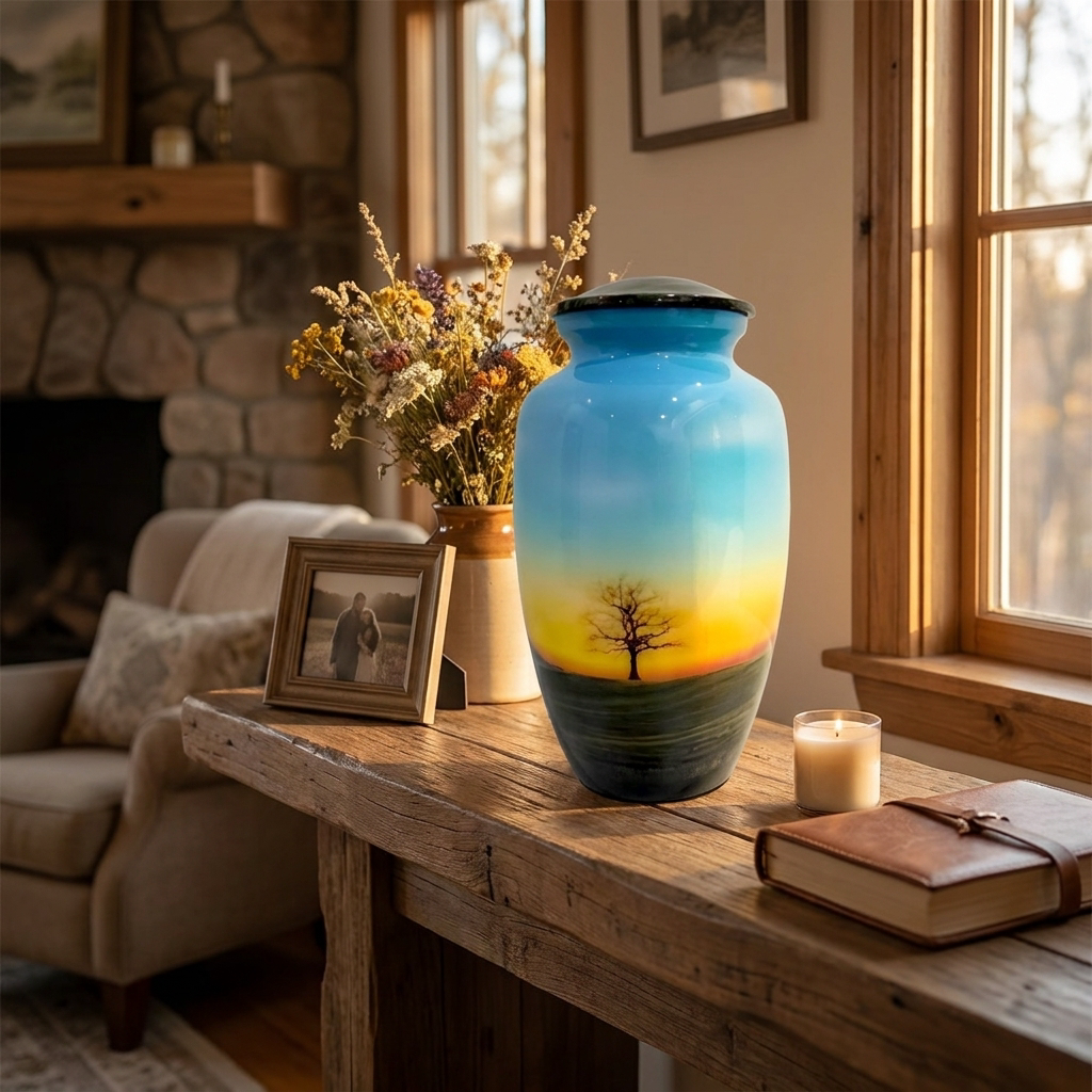 Adult Cremation Urn Tranquil Sunset with Lone Tree Design & Velvet Bag (Product Code NUTTH)