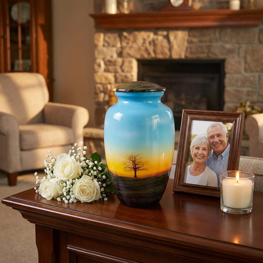 Adult Cremation Urn Tranquil Sunset with Lone Tree Design & Velvet Bag (Product Code NUTTH)