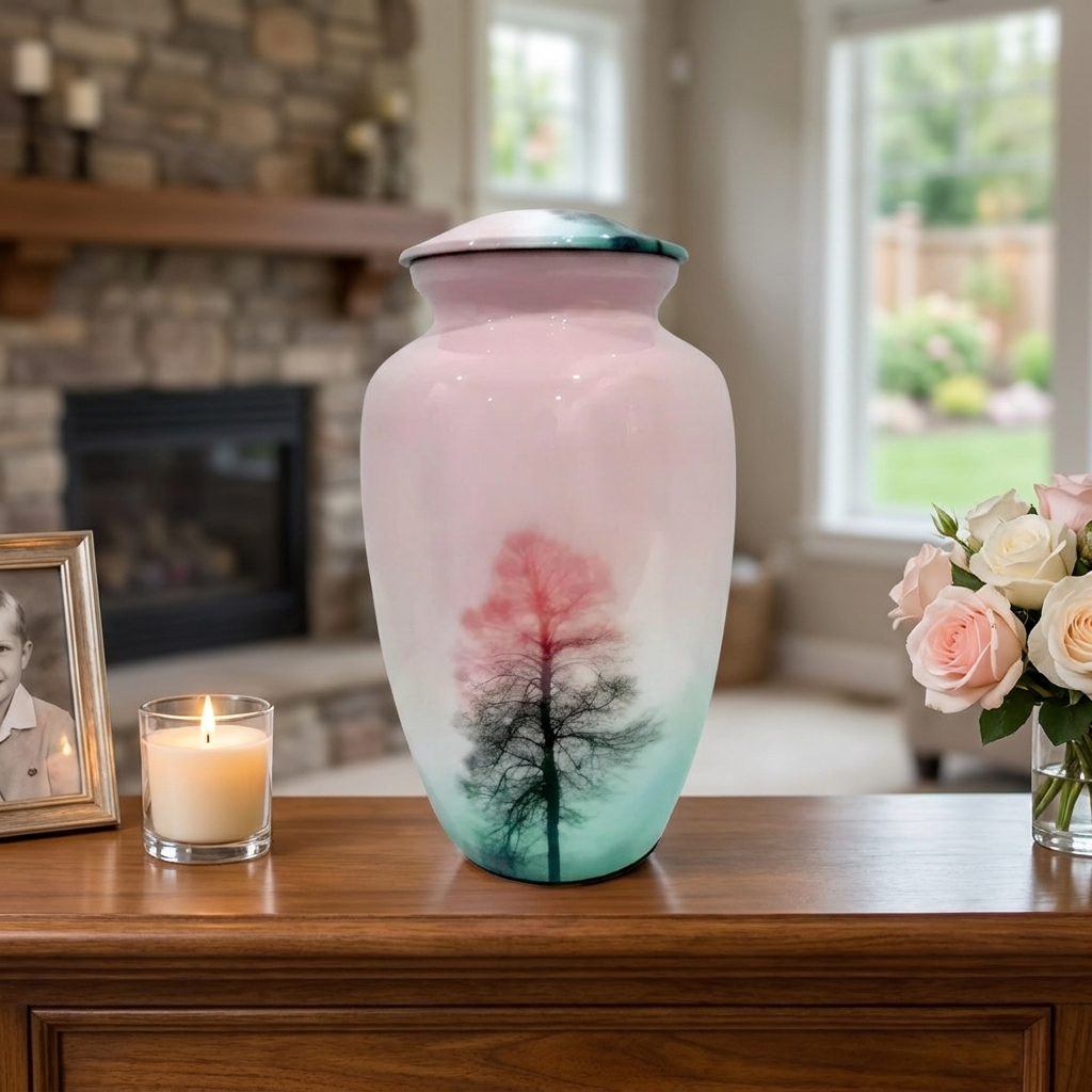 Adult Cremation Urn Tree of Life Sunset Design in Pink & Aqua Gloss Finish (Product Code: NUTF)