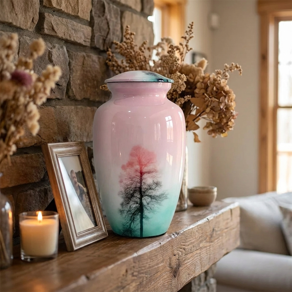 Adult Cremation Urn Tree of Life Sunset Design in Pink & Aqua Gloss Finish (Product Code: NUTF)