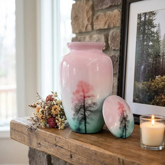 Adult Cremation Urn Tree of Life Sunset Design in Pink & Aqua Gloss Finish (Product Code: NUTF)