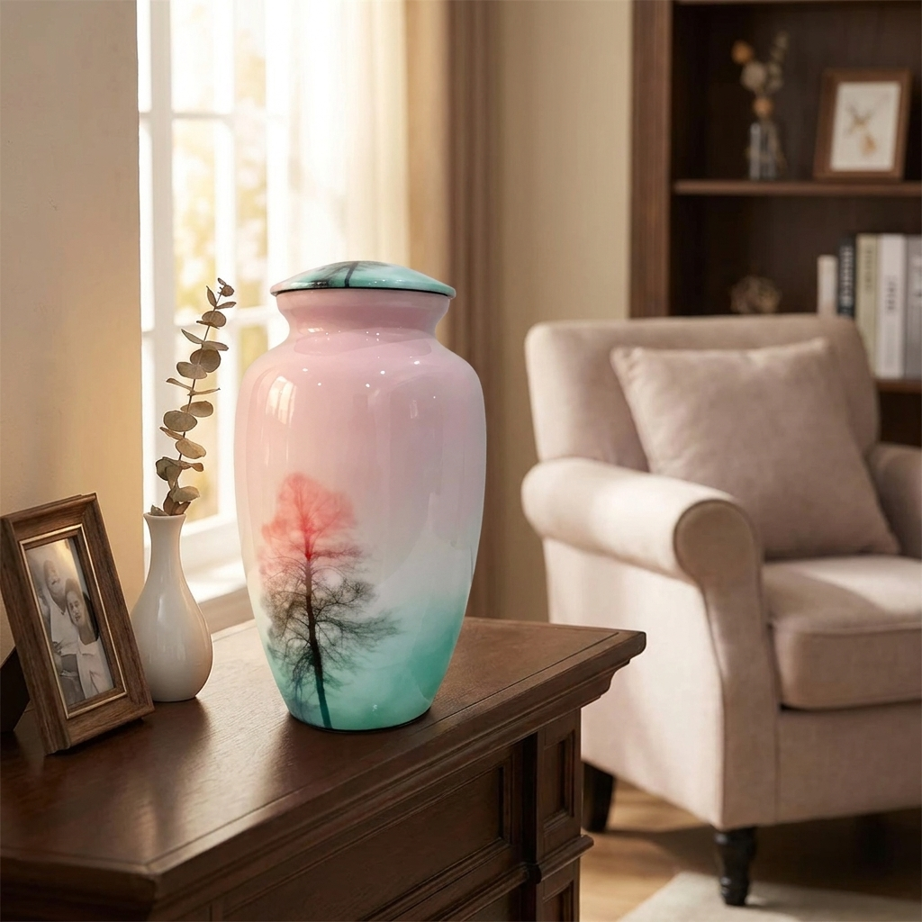 Adult Cremation Urn Tree of Life Sunset Design in Pink & Aqua Gloss Finish (Product Code: NUTF)