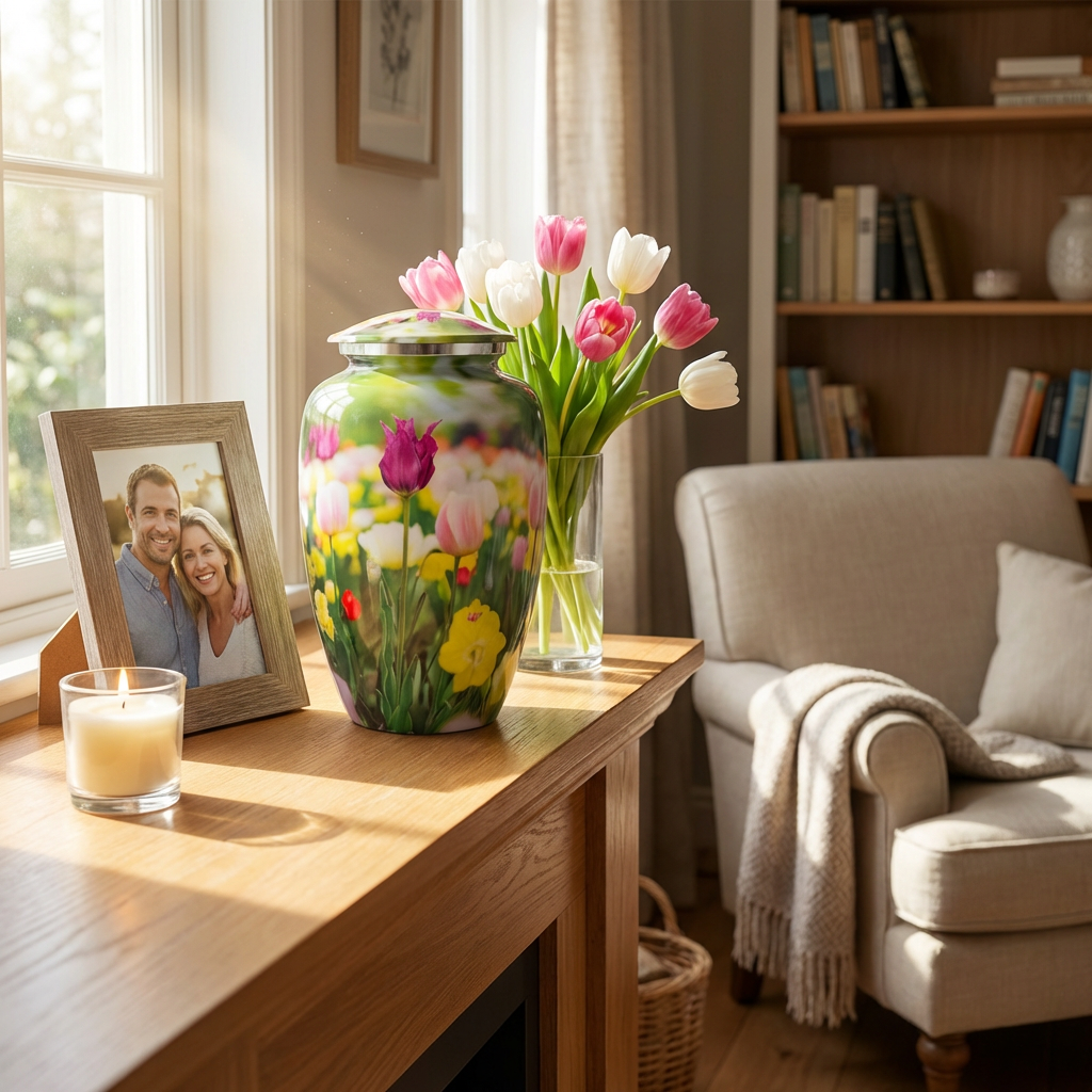 Adult Cremation Urn Tulip Flowers Design with velvet bag (Product Code NUPSI-A)