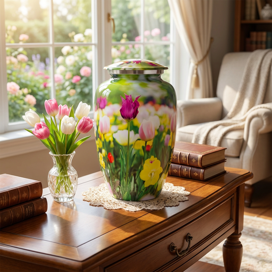 Adult Cremation Urn Tulip Flowers Design with velvet bag (Product Code NUPSI-A)