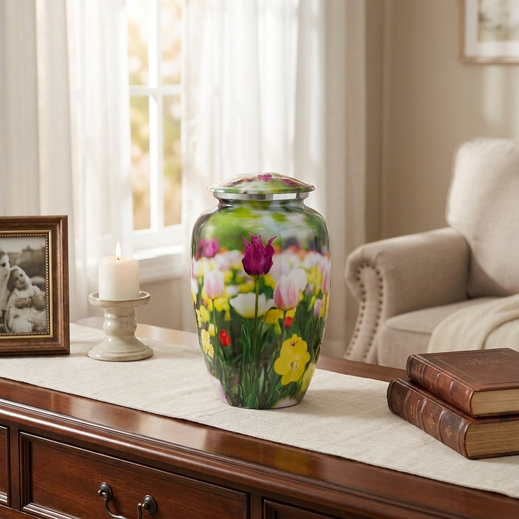 Adult Cremation Urn Tulip Flowers Design with velvet bag (Product Code NUPSI-A)