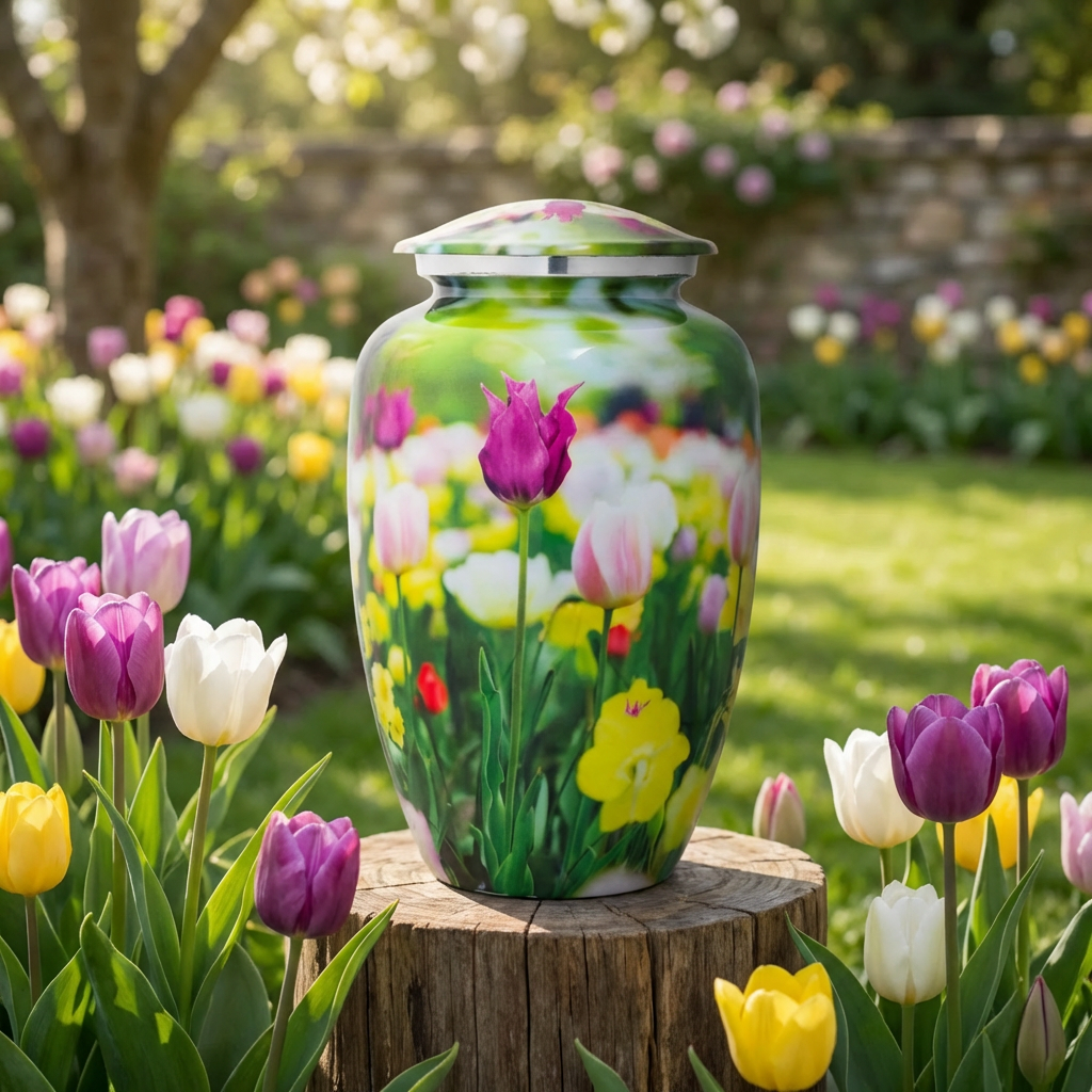 Adult Cremation Urn Tulip Flowers Design with velvet bag (Product Code NUPSI-A)