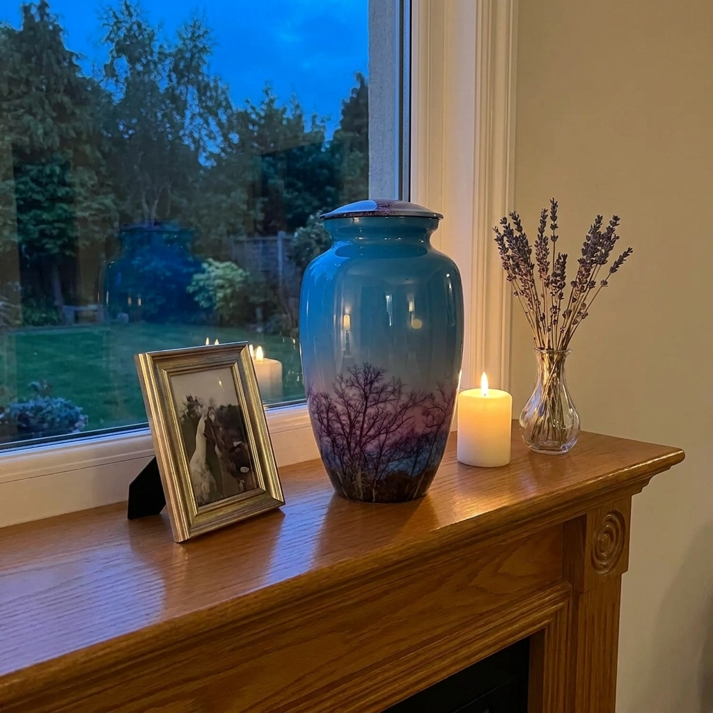 Adult Cremation Urn Twilight Sky with Moon & Tree Silhouette Design and Velvet Bag (Product Code NUBSMT)