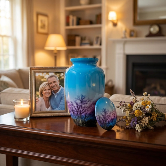 Adult Cremation Urn Twilight Sky with Moon & Tree Silhouette Design and Velvet Bag (Product Code NUBSMT)
