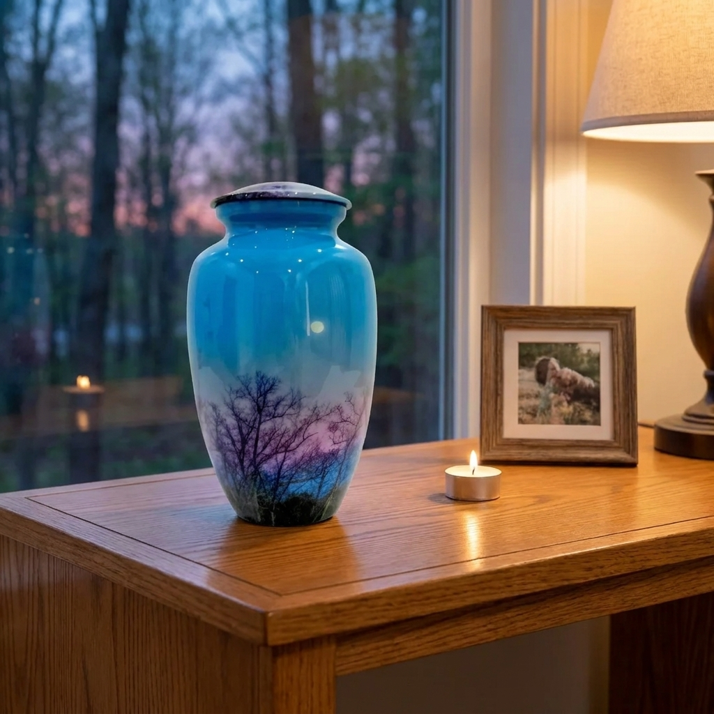 Adult Cremation Urn Twilight Sky with Moon & Tree Silhouette Design and Velvet Bag (Product Code NUBSMT)