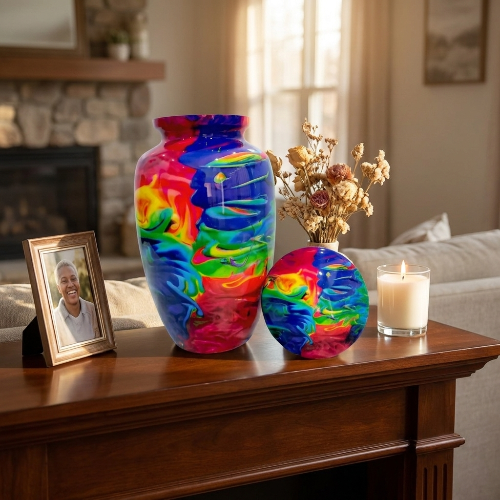 Adult Cremation Urn Vibrant Rainbow Abstract Design Gloss Aluminum Finish (Product Code NUACO)