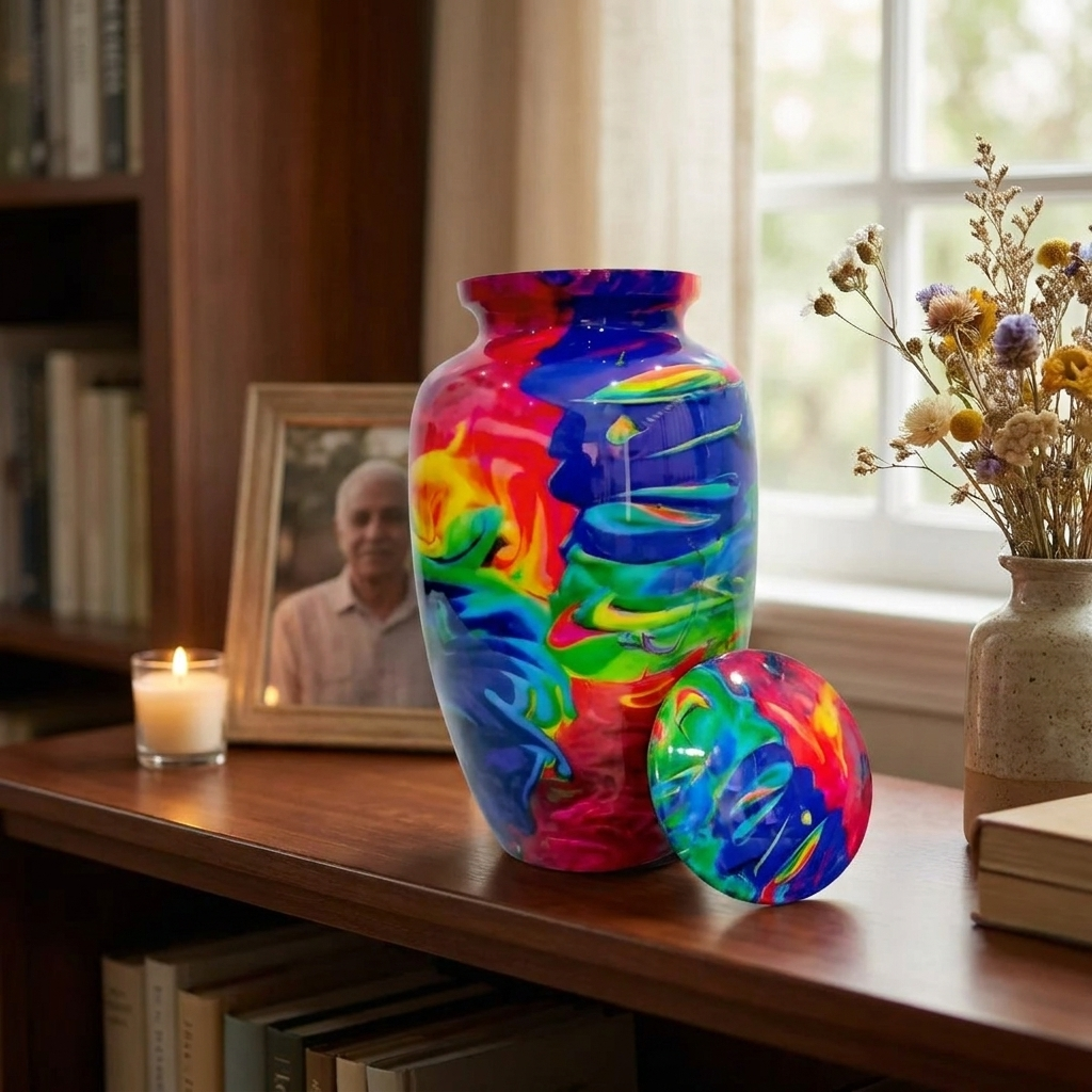 Adult Cremation Urn Vibrant Rainbow Abstract Design Gloss Aluminum Finish (Product Code NUACO)