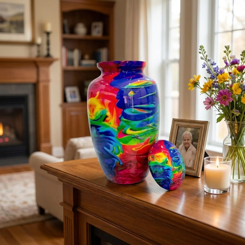 Adult Cremation Urn Vibrant Rainbow Abstract Design Gloss Aluminum Finish (Product Code NUACO)