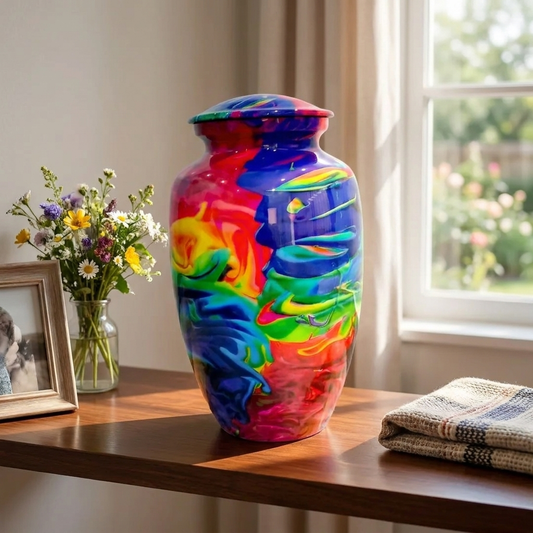 Adult Cremation Urn Vibrant Rainbow Abstract Design Gloss Aluminum Finish (Product Code NUACO)