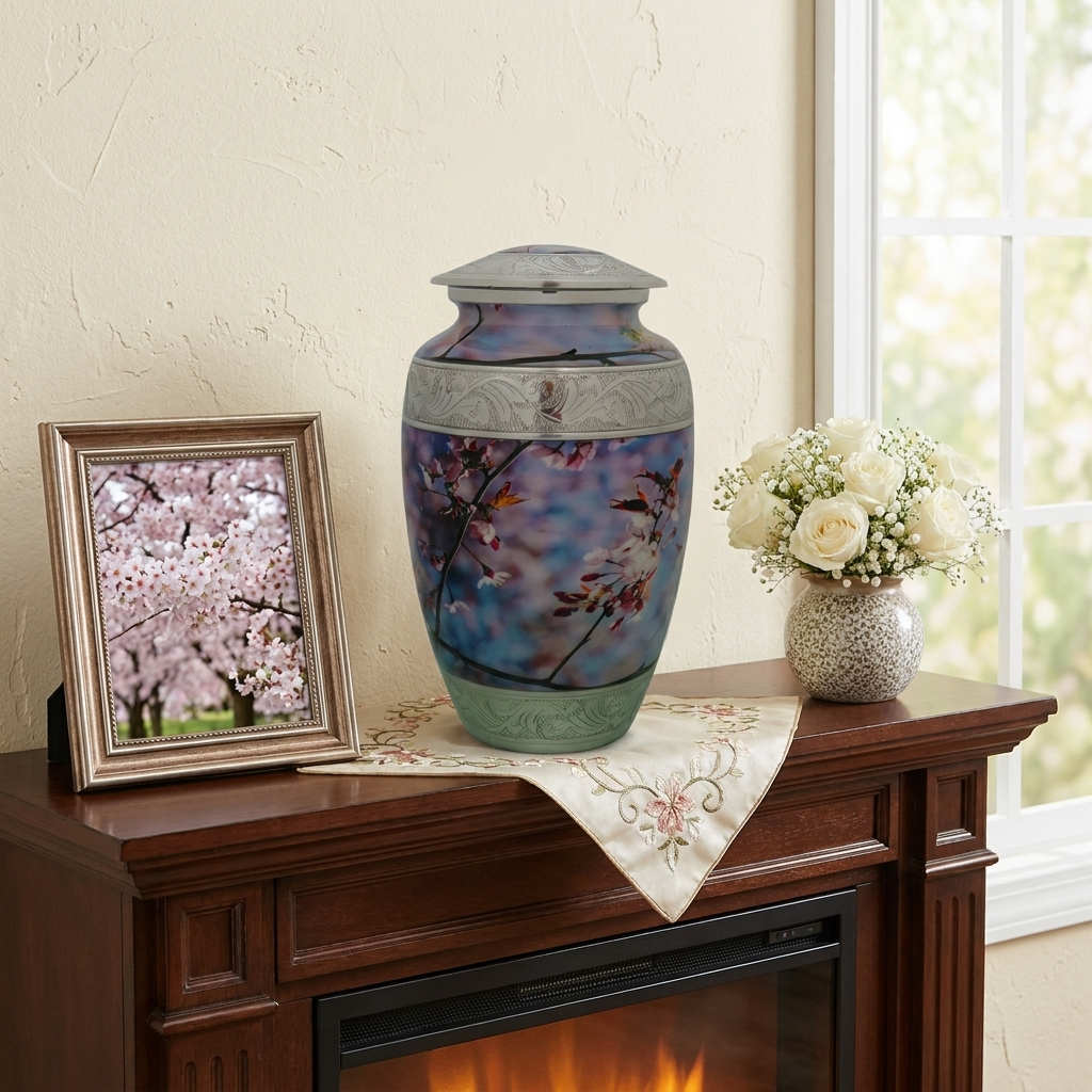 Adult Cremation Urn White & Brown Flowers Shrub Design with Velvet Bag (Product Code NUPNI-A)