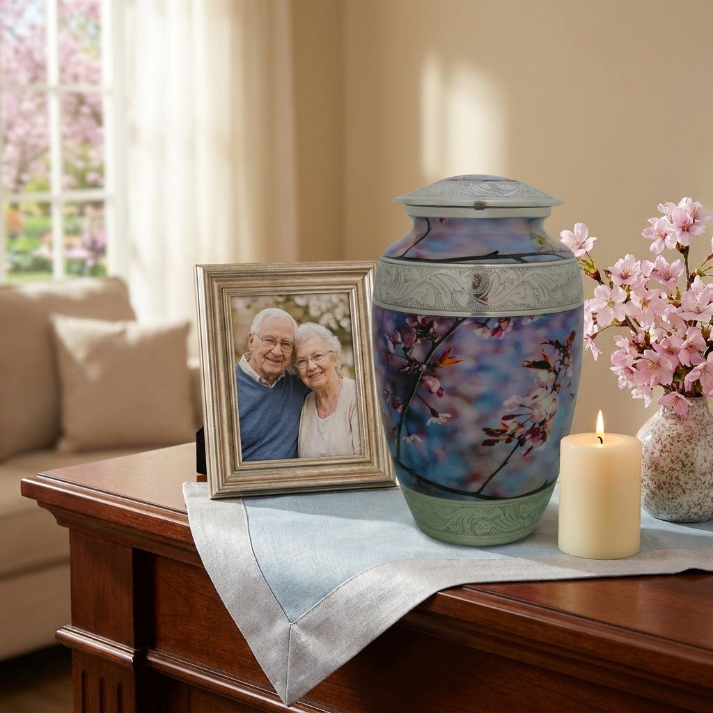 Adult Cremation Urn White & Brown Flowers Shrub Design with Velvet Bag (Product Code NUPNI-A)
