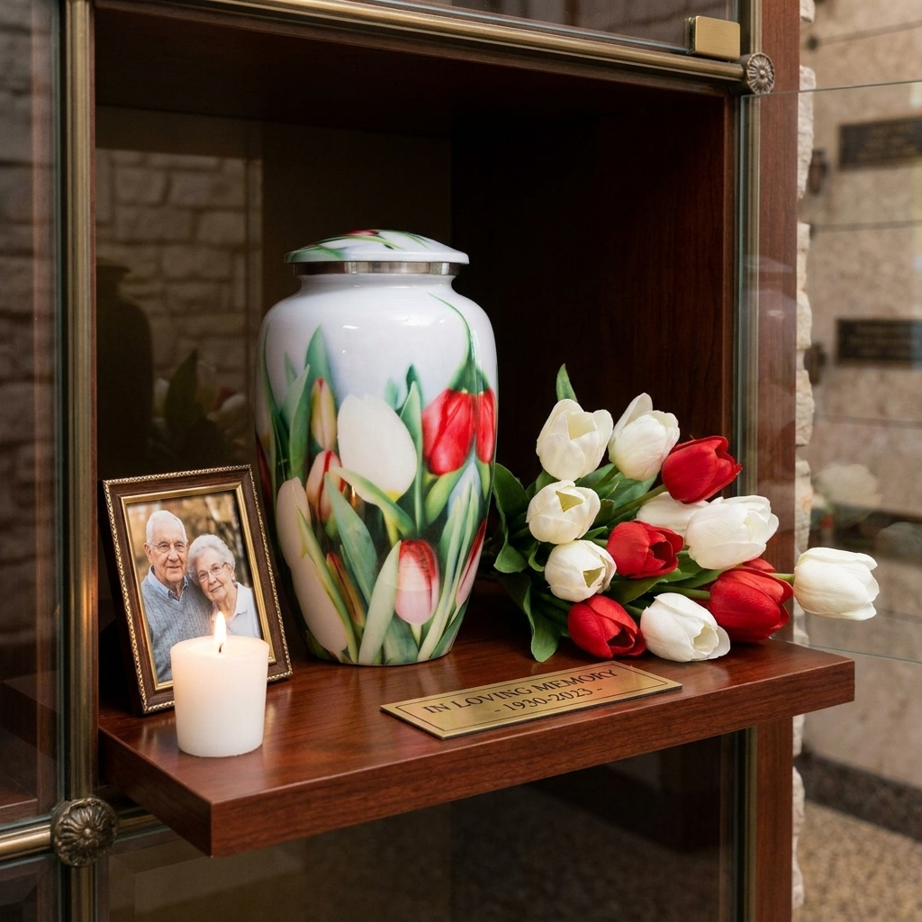 Adult Cremation Urn White and Red Tulip Flowers Design with Velvet Bag (Product Code: NUPT-A)