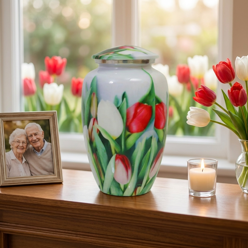 Adult Cremation Urn White and Red Tulip Flowers Design with Velvet Bag (Product Code: NUPT-A)