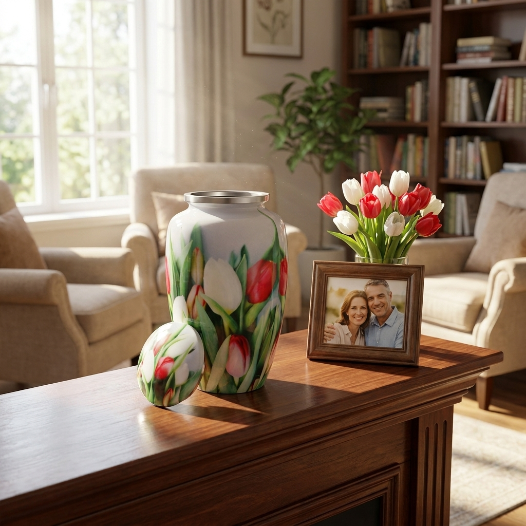 Adult Cremation Urn White and Red Tulip Flowers Design with Velvet Bag (Product Code: NUPT-A)