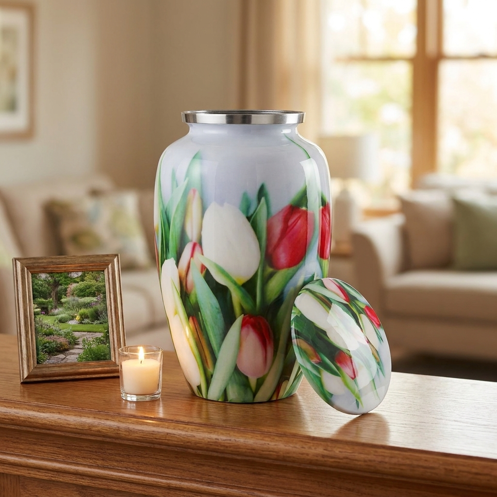 Adult Cremation Urn White and Red Tulip Flowers Design with Velvet Bag (Product Code: NUPT-A)