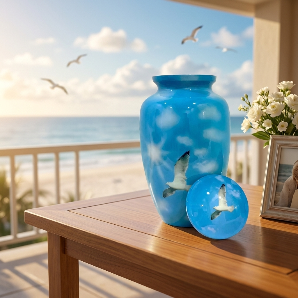 Adult Cremation Urn White Dove in Blue Sky with Clouds Design and Velvet Bag (Product Code NUBSWP)