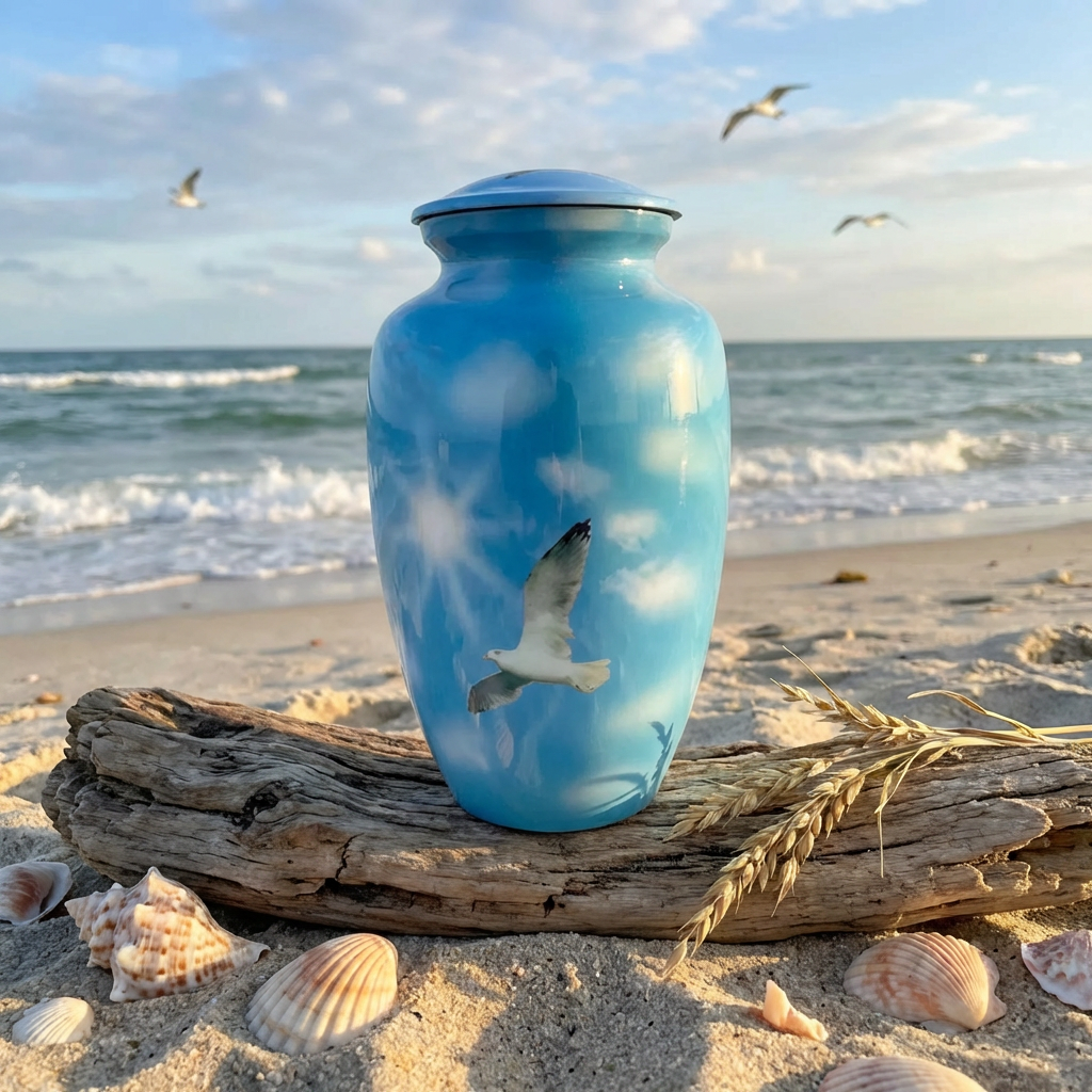 Adult Cremation Urn White Dove in Blue Sky with Clouds Design and Velvet Bag (Product Code NUBSWP)