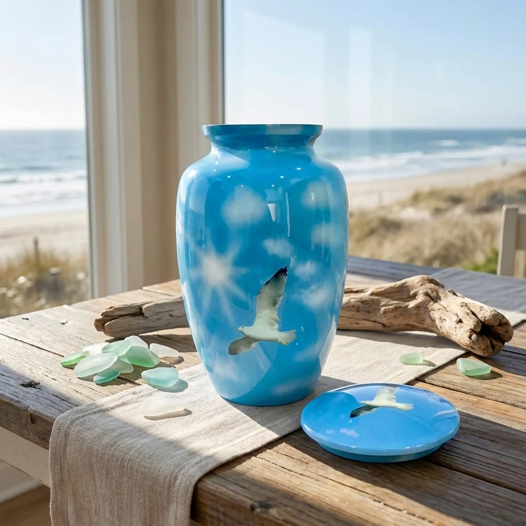 Adult Cremation Urn White Dove in Blue Sky with Clouds Design and Velvet Bag (Product Code NUBSWP)