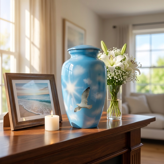 Adult Cremation Urn White Dove in Blue Sky with Clouds Design and Velvet Bag (Product Code NUBSWP)