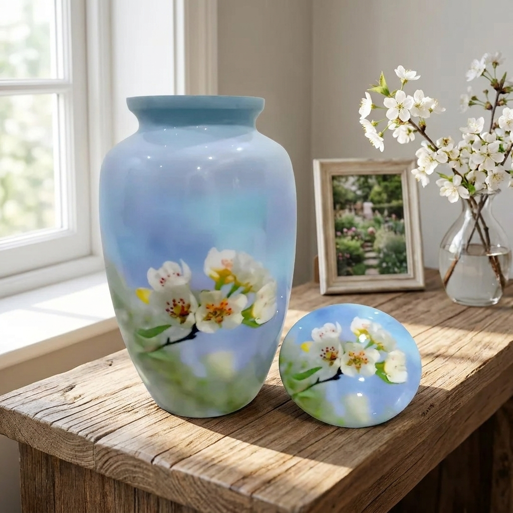 Adult Cremation Urn White Flower Blossom Design with Velvet Bag (Product Code NUWFP)