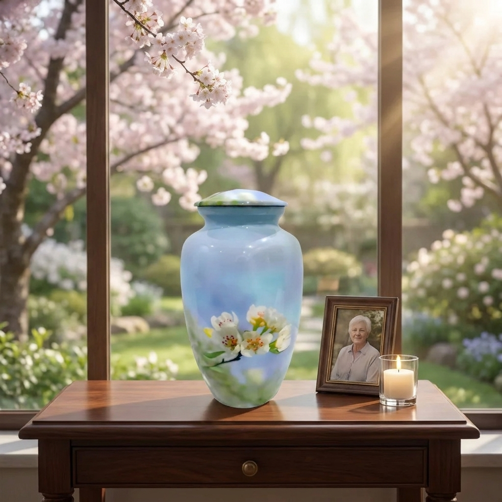 Adult Cremation Urn White Flower Blossom Design with Velvet Bag (Product Code NUWFP)