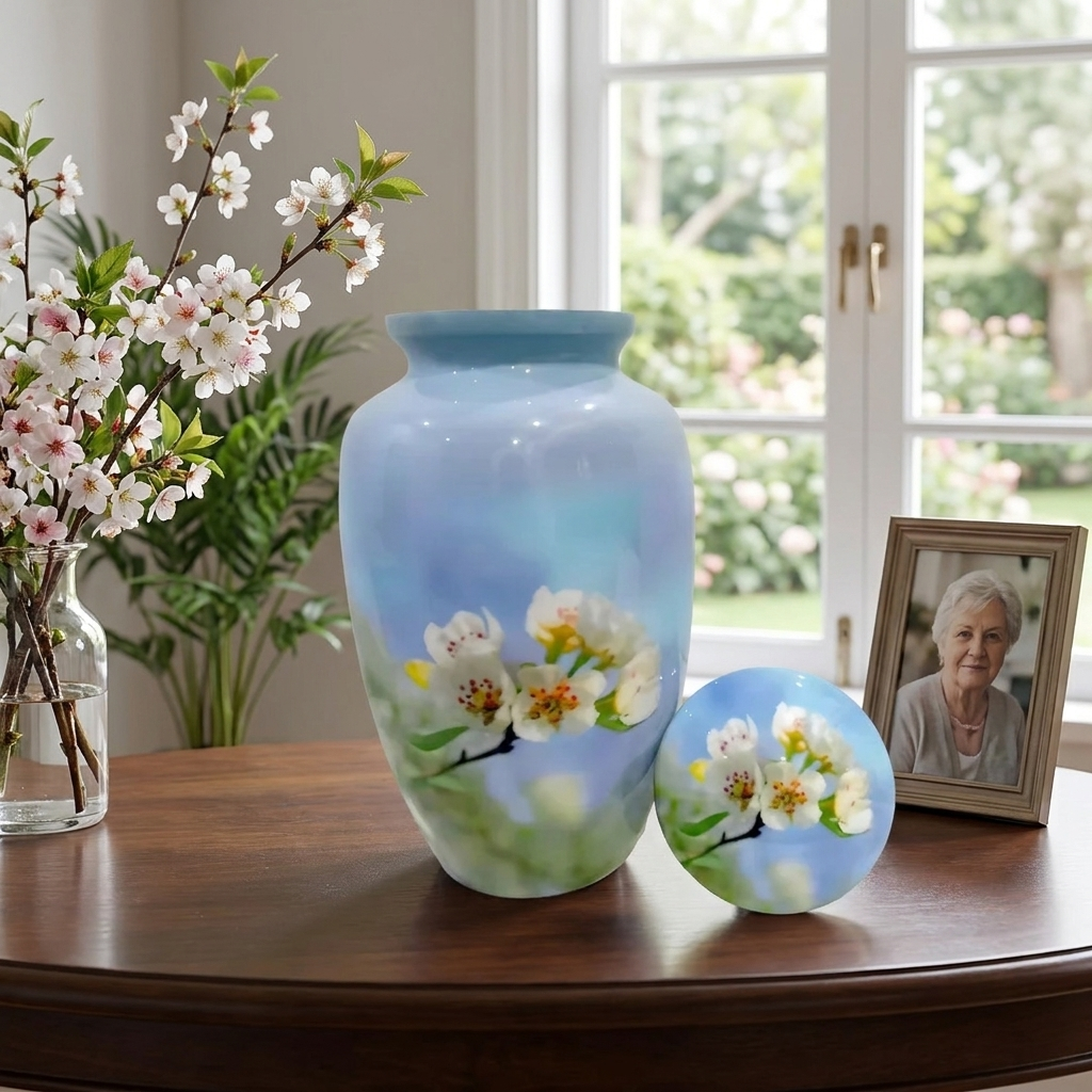 Adult Cremation Urn White Flower Blossom Design with Velvet Bag (Product Code NUWFP)