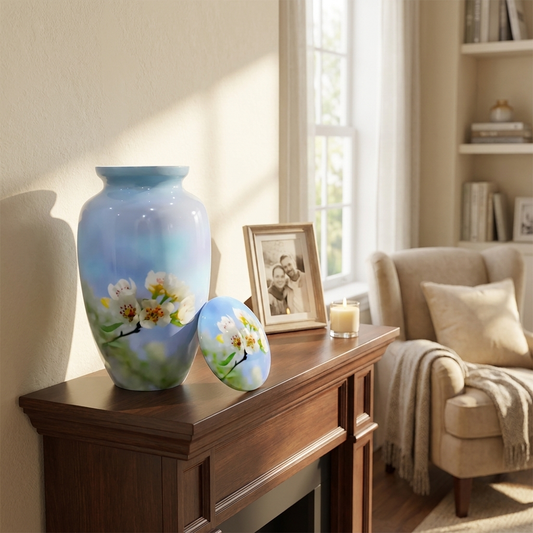 Adult Cremation Urn White Flower Blossom Design with Velvet Bag (Product Code NUWFP)