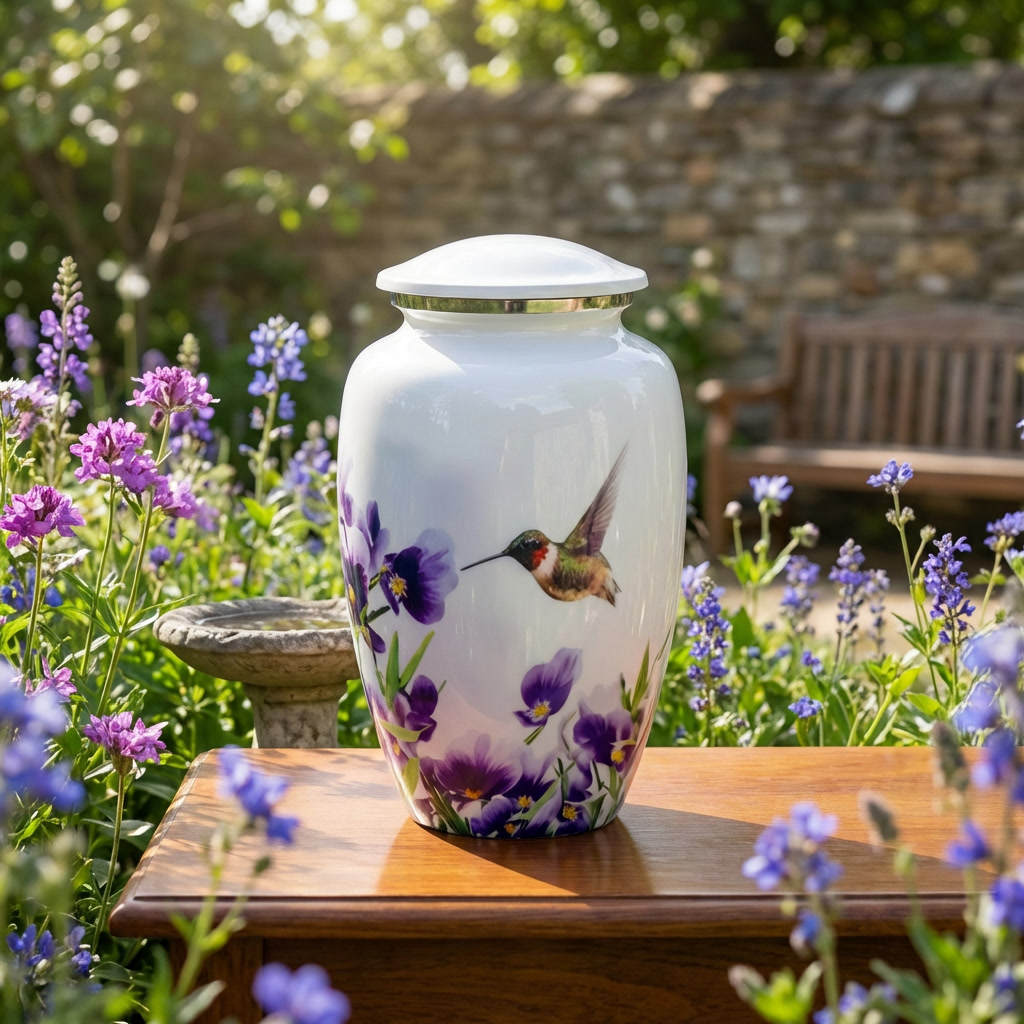 Adult Cremation Urn White Hummingbird with Purple Floral Design & Velvet Bag (Product Code NUWHT-A)