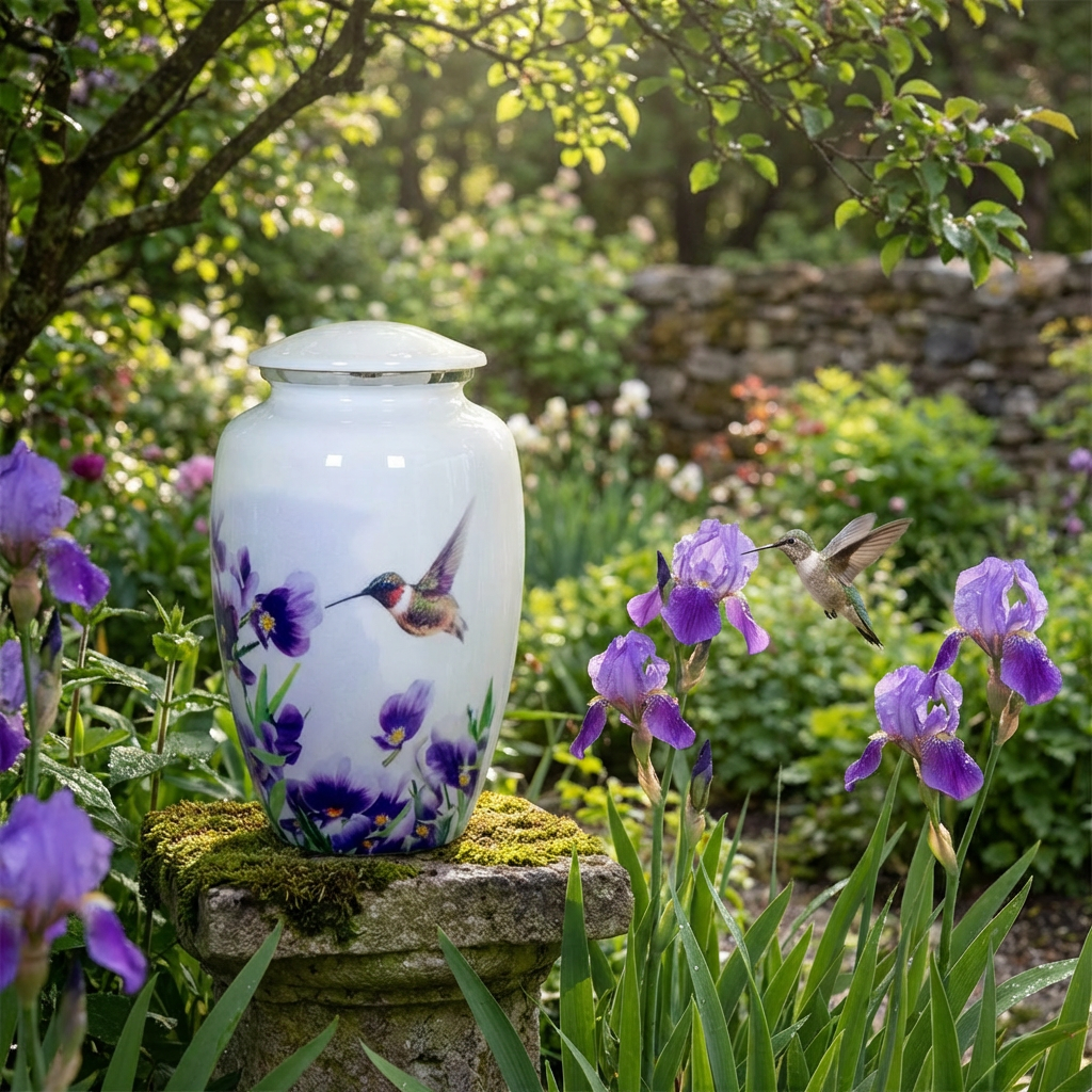 Adult Cremation Urn White Hummingbird with Purple Floral Design & Velvet Bag (Product Code NUWHT-A)