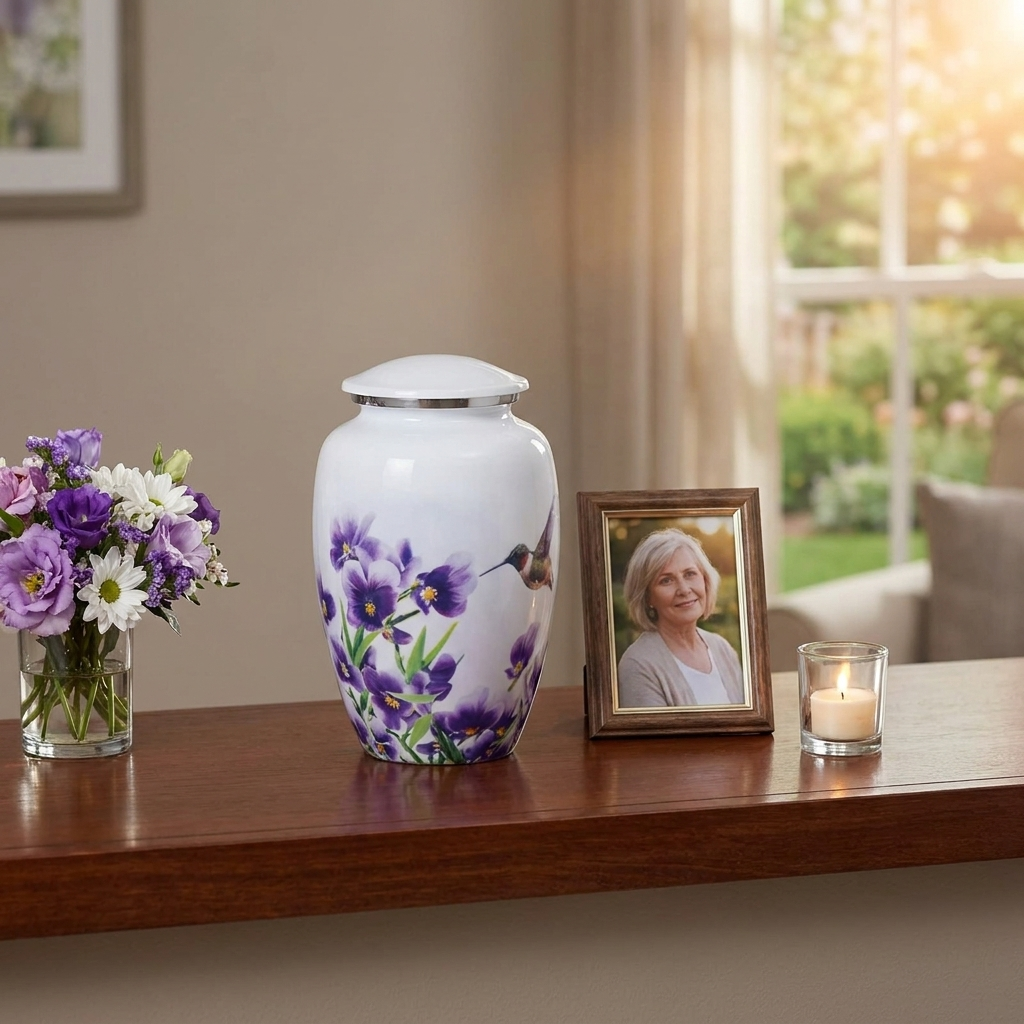 Adult Cremation Urn White Hummingbird with Purple Floral Design & Velvet Bag (Product Code NUWHT-A)