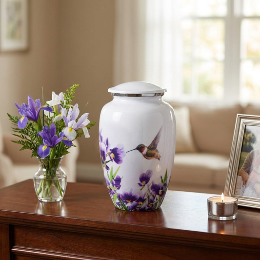 Adult Cremation Urn White Hummingbird with Purple Floral Design & Velvet Bag (Product Code NUWHT-A)