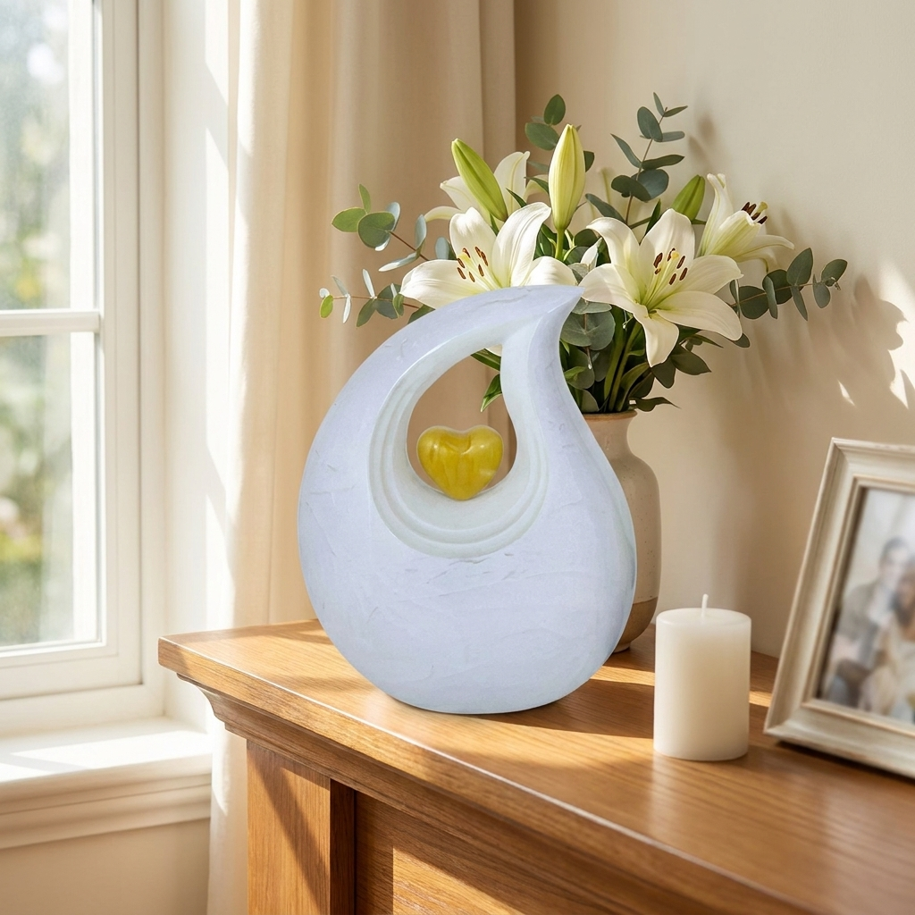 Adult Cremation Urn White Teardrop Design with Golden Heart & Velvet Bag (Product Code NUABT-A)
