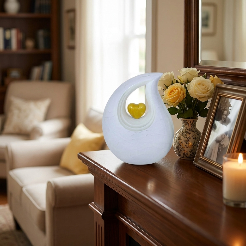 Adult Cremation Urn White Teardrop Design with Golden Heart & Velvet Bag (Product Code NUABT-A)