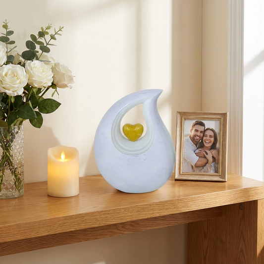 Adult Cremation Urn White Teardrop Design with Golden Heart & Velvet Bag (Product Code NUABT-A)