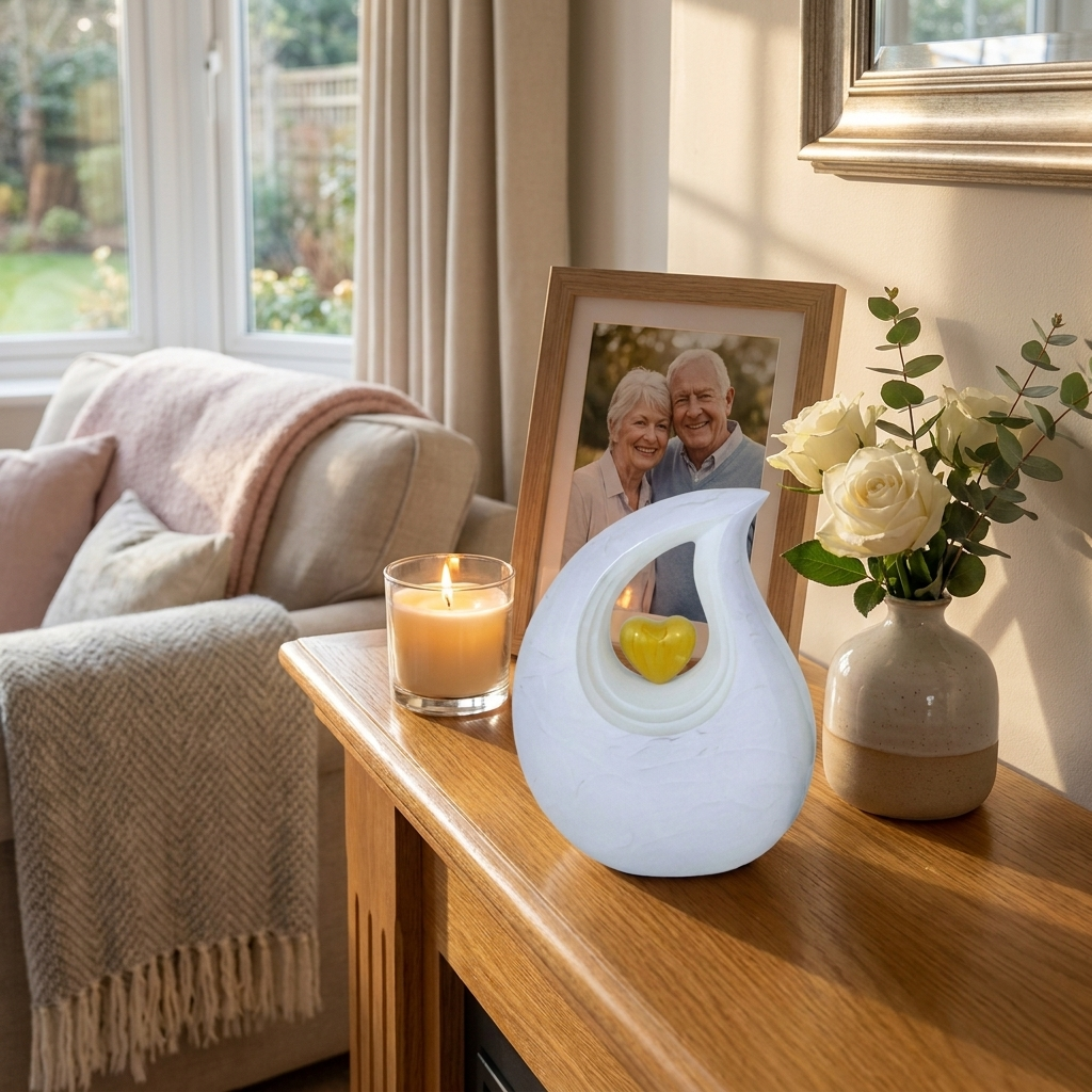 Adult Cremation Urn White Teardrop Design with Golden Heart & Velvet Bag (Product Code NUABT-A)