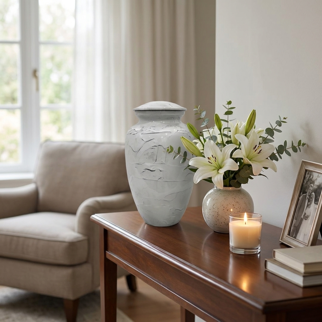Adult Cremation Urn White Textured Stone Design in Gloss Finish (Product Code: NUTEX)