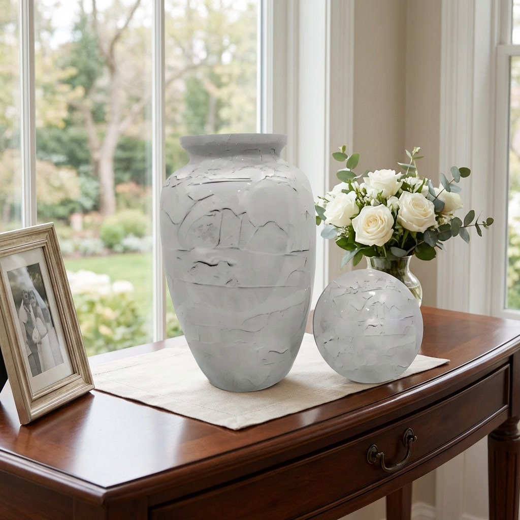 Adult Cremation Urn White Textured Stone Design in Gloss Finish (Product Code: NUTEX)