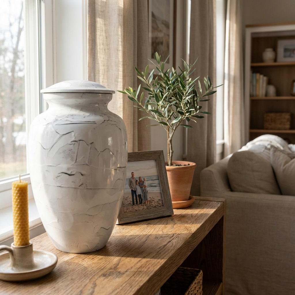 Adult Cremation Urn White Textured Stone Design in Gloss Finish (Product Code: NUTEX)