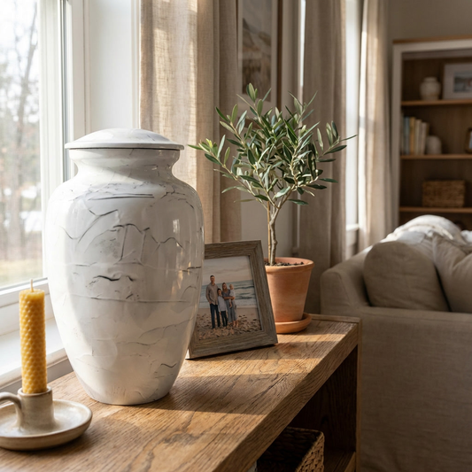 Adult Cremation Urn White Textured Stone Design in Gloss Finish (Product Code: NUTEX)