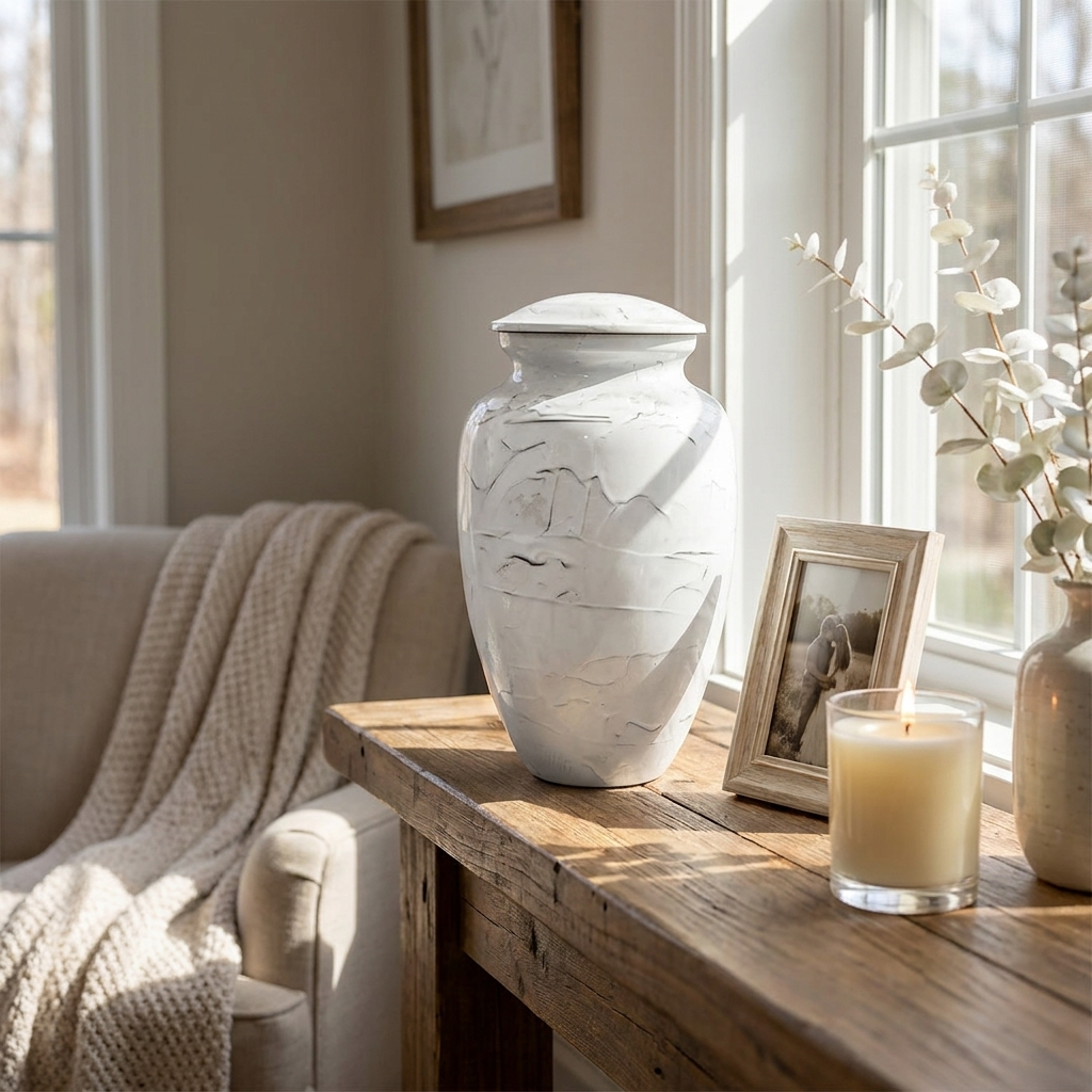 Adult Cremation Urn White Textured Stone Design in Gloss Finish (Product Code: NUTEX)