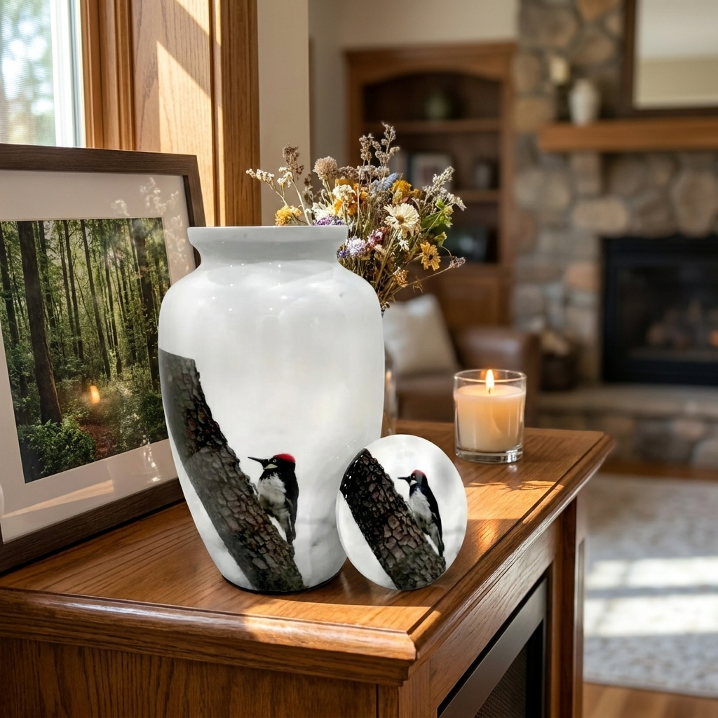 Adult Cremation Urn White Woodpecker Design with Velvet Bag (Product Code NUWP)