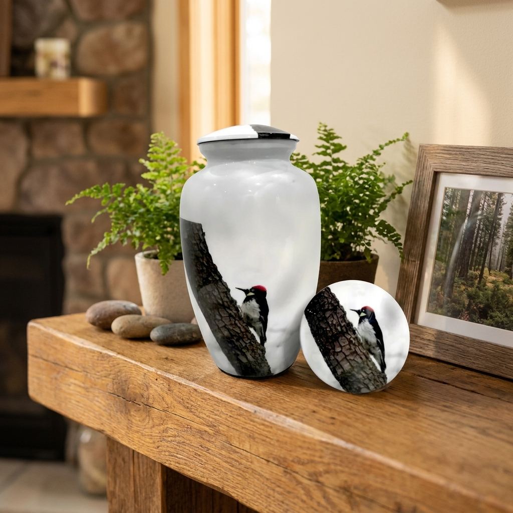 Adult Cremation Urn White Woodpecker Design with Velvet Bag (Product Code NUWP)