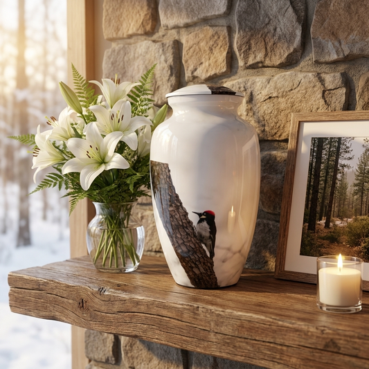 Adult Cremation Urn White Woodpecker Design with Velvet Bag (Product Code NUWP)