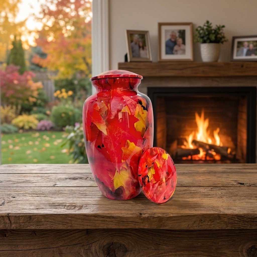 Adult Cremation Urn – Autumn Maple Leaves Design in Gloss Finish (Product Code: NUBTL)