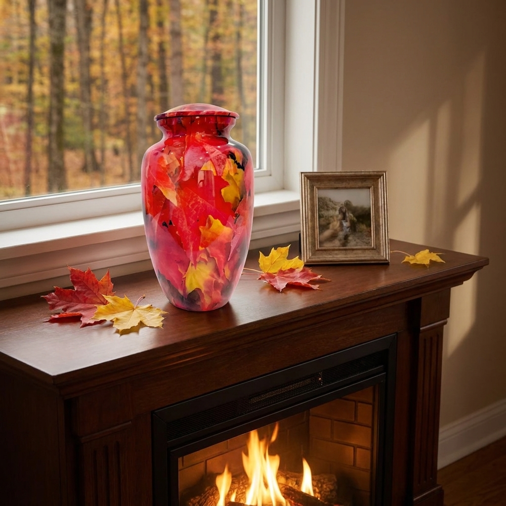 Adult Cremation Urn – Autumn Maple Leaves Design in Gloss Finish (Product Code: NUBTL)