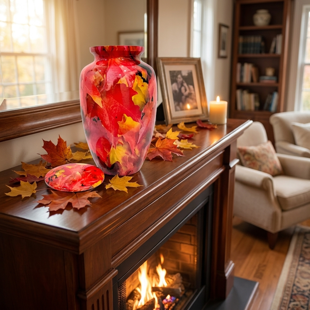 Adult Cremation Urn – Autumn Maple Leaves Design in Gloss Finish (Product Code: NUBTL)
